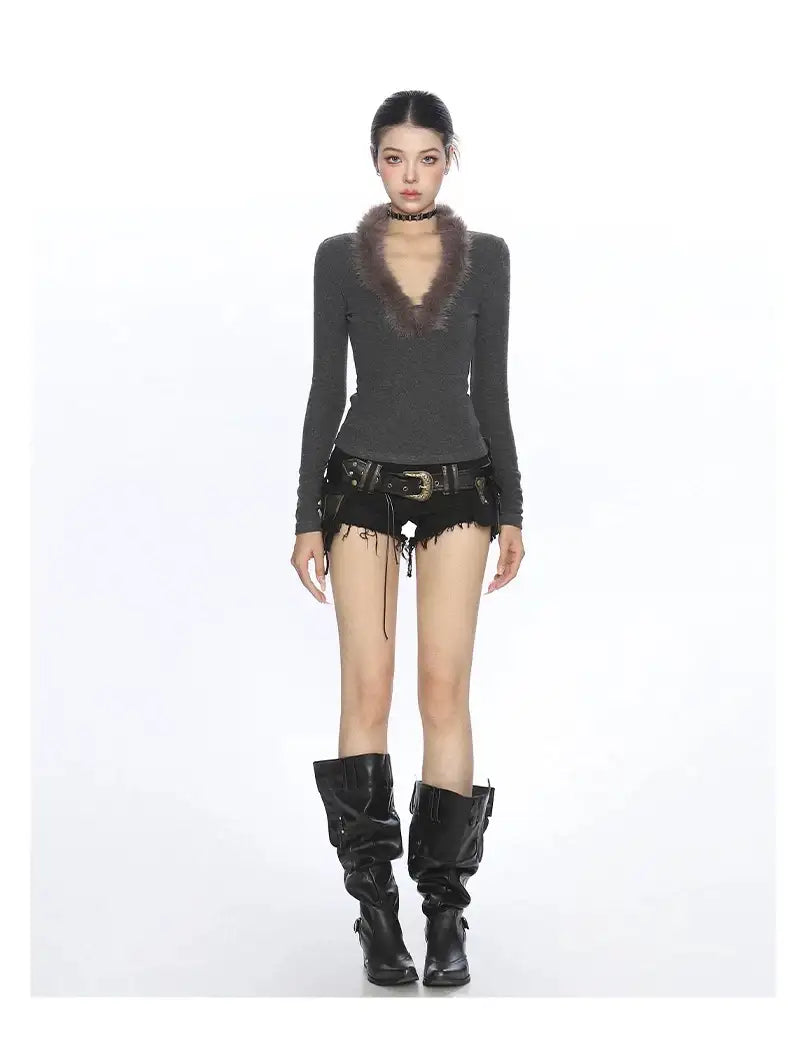 グレー Vネックニットトップス 平成ギャル風