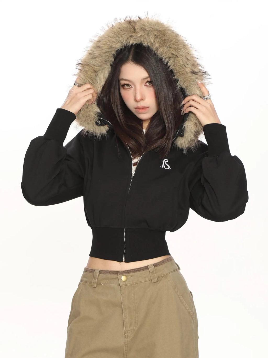 ブラック ファーフードショートジップパーカー y2k