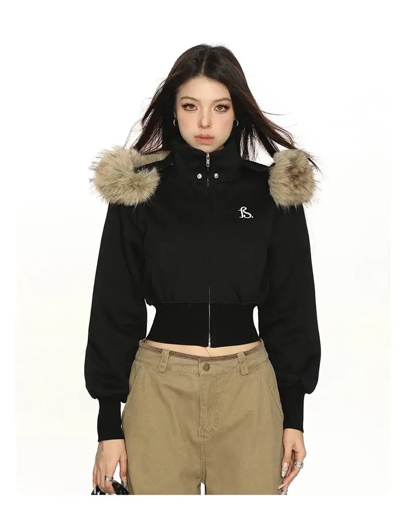 black fur hood short zip parka y2k