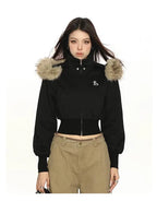 black fur hood short zip parka y2k