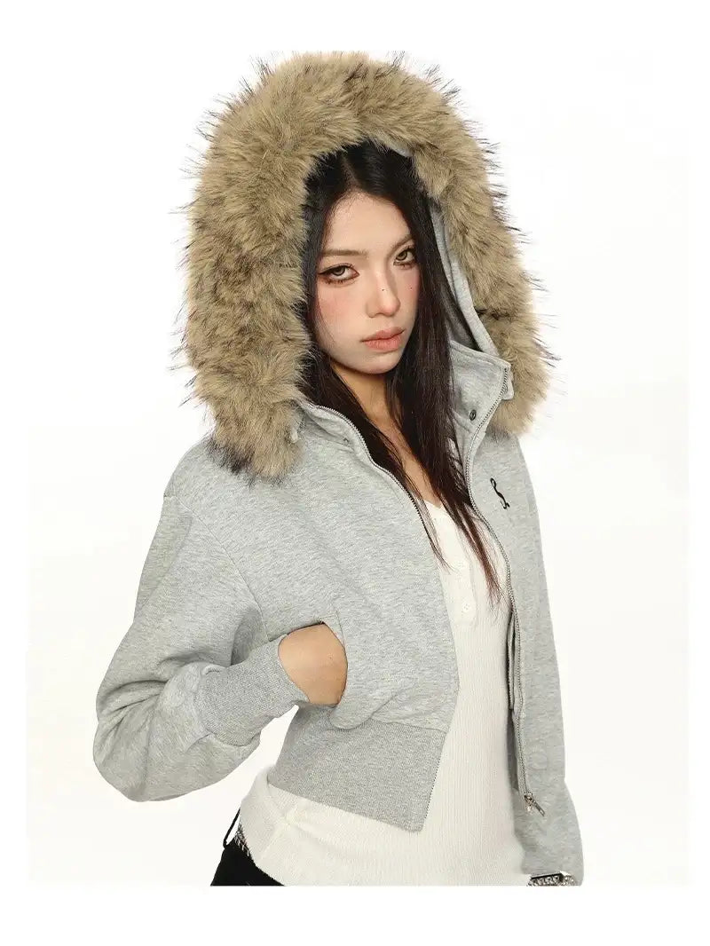 grey fur hood short zip parka y2k
