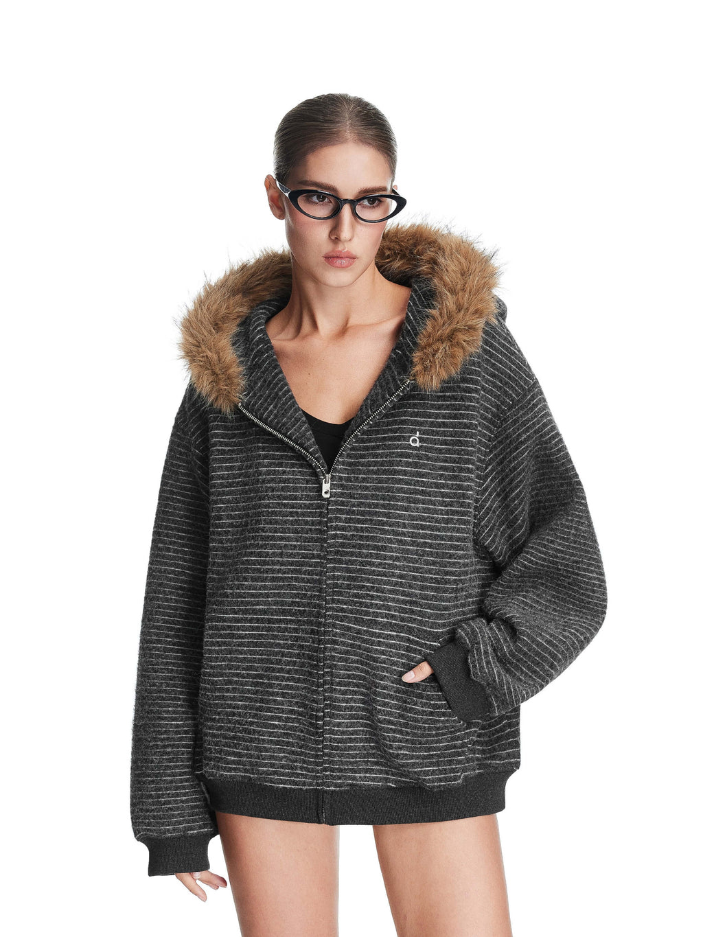 グレー ボアフードパーカー フェイクファー付き