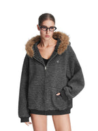 グレー ボアフードパーカー フェイクファー付き