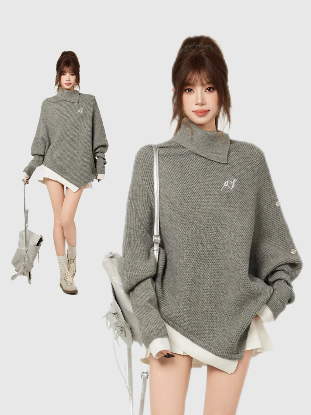 グレー ハイネックニット ポンチョ風デザイン