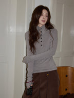 ハイネック リブカットソー グレー 長袖 ロングカットソー