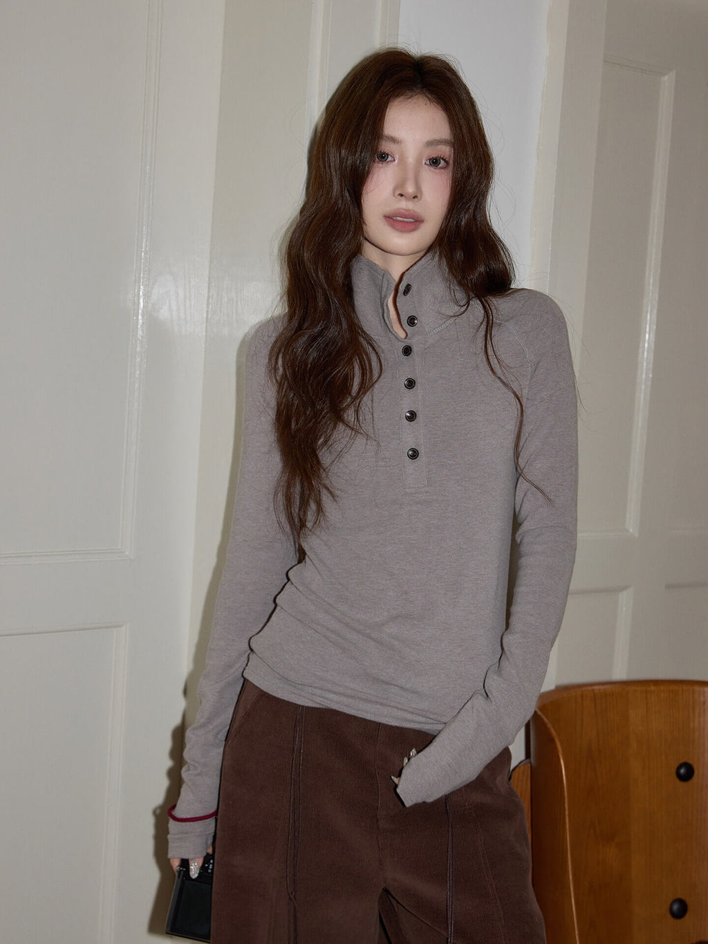 ボタン付き ハイネック カットソー レディース 秋冬トップス