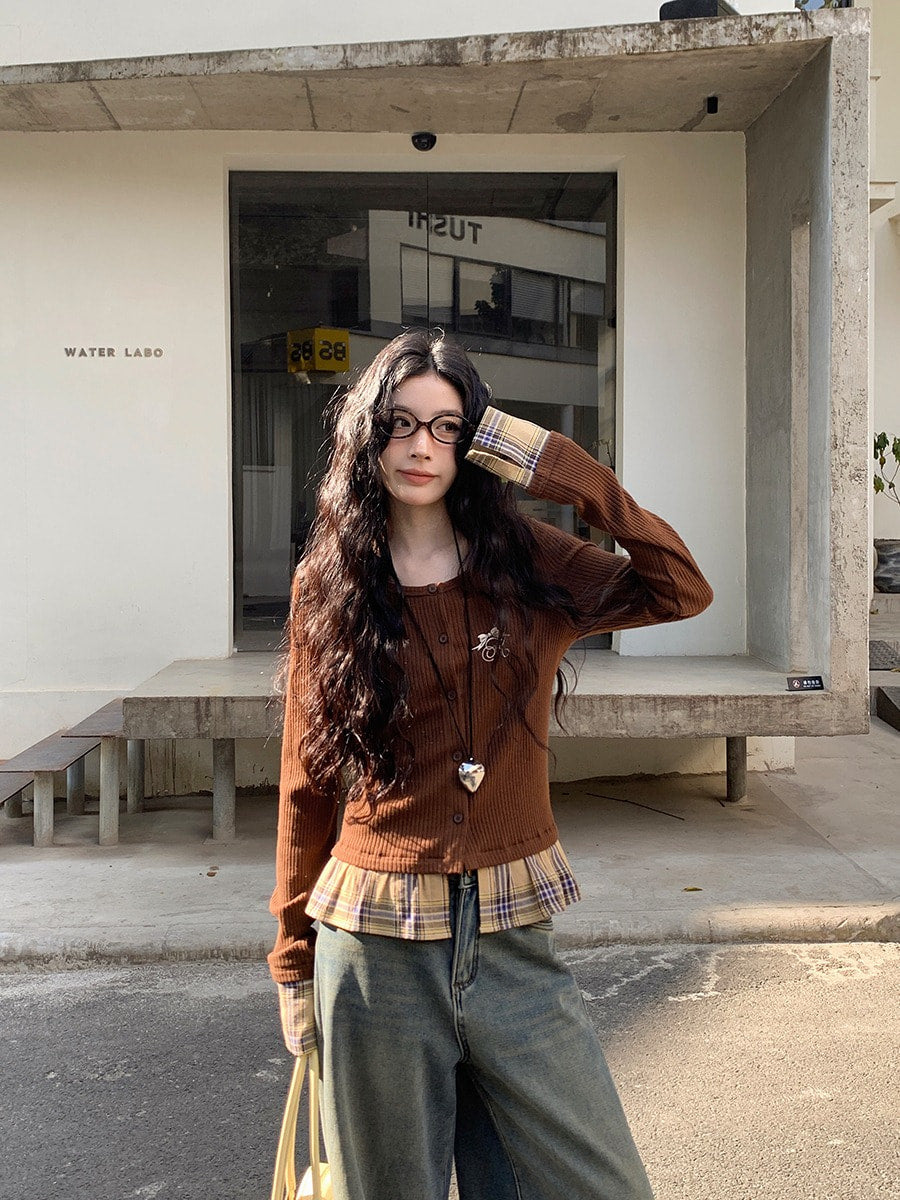 ブラウンチェック レイヤードカットソー