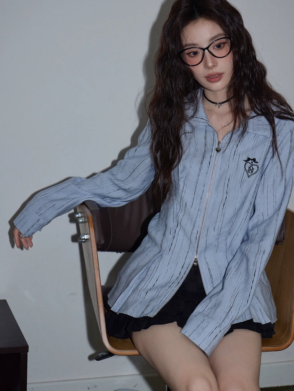 ライトブルー ダブルジップ シャツジャケット レディース 韓国風コーデ