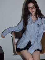 ライトブルー ダブルジップ シャツジャケット レディース 韓国風コーデ