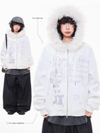 オフホワイトのレディース パーカー フェイクファー付きフーディ