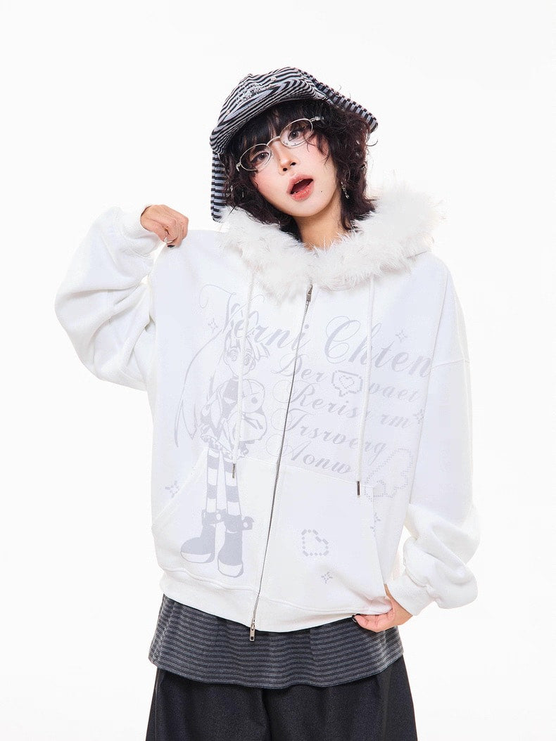 フェイクファー パーカー ホワイト ジップパーカー y2k