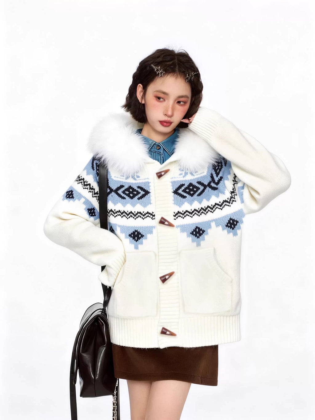 Fair Isle Toggle Hooded Knit Cardigan OL2472 oliviroa オリヴィオラ