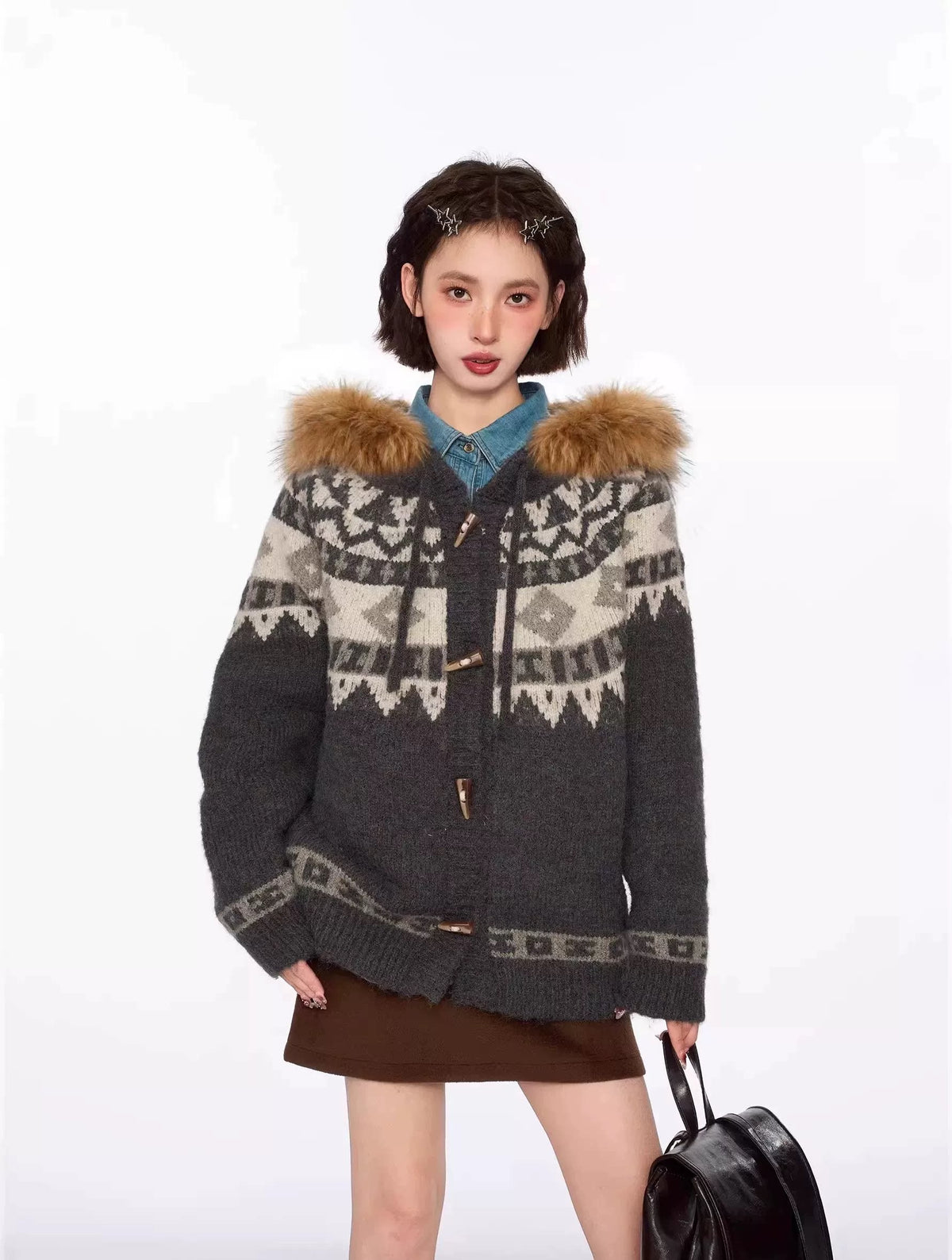 Fair Isle Toggle Hooded Knit Cardigan OL2472 oliviroa オリヴィオラ