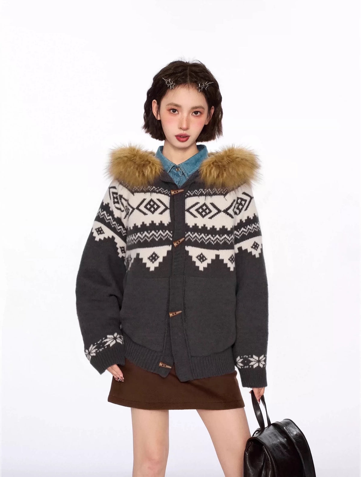 Fair Isle Toggle Hooded Knit Cardigan OL2472 oliviroa オリヴィオラ
