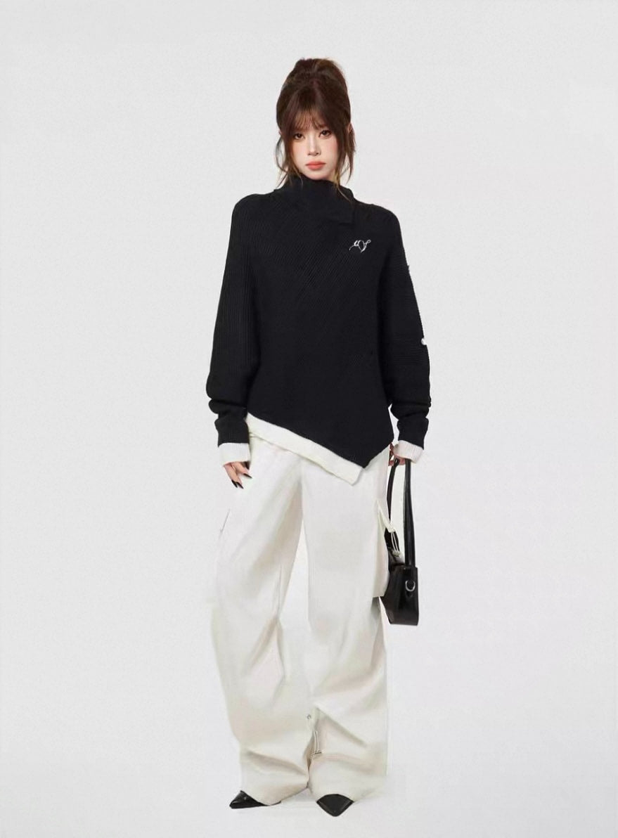 Oliviora ブラック ポンチョ風ハイネックニット