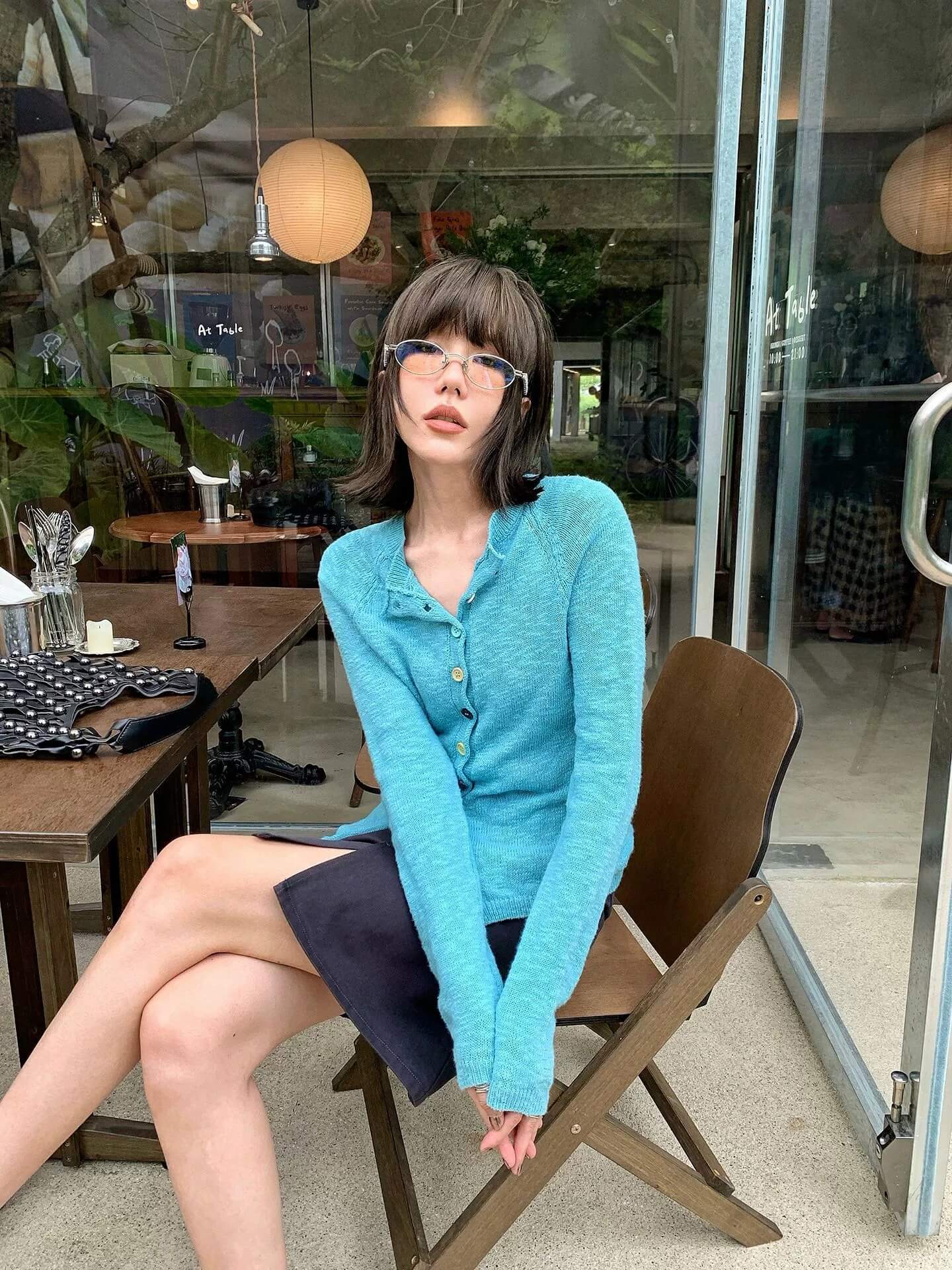Saxe Blue Cotton Cardigan, Korean Style, OL1811 