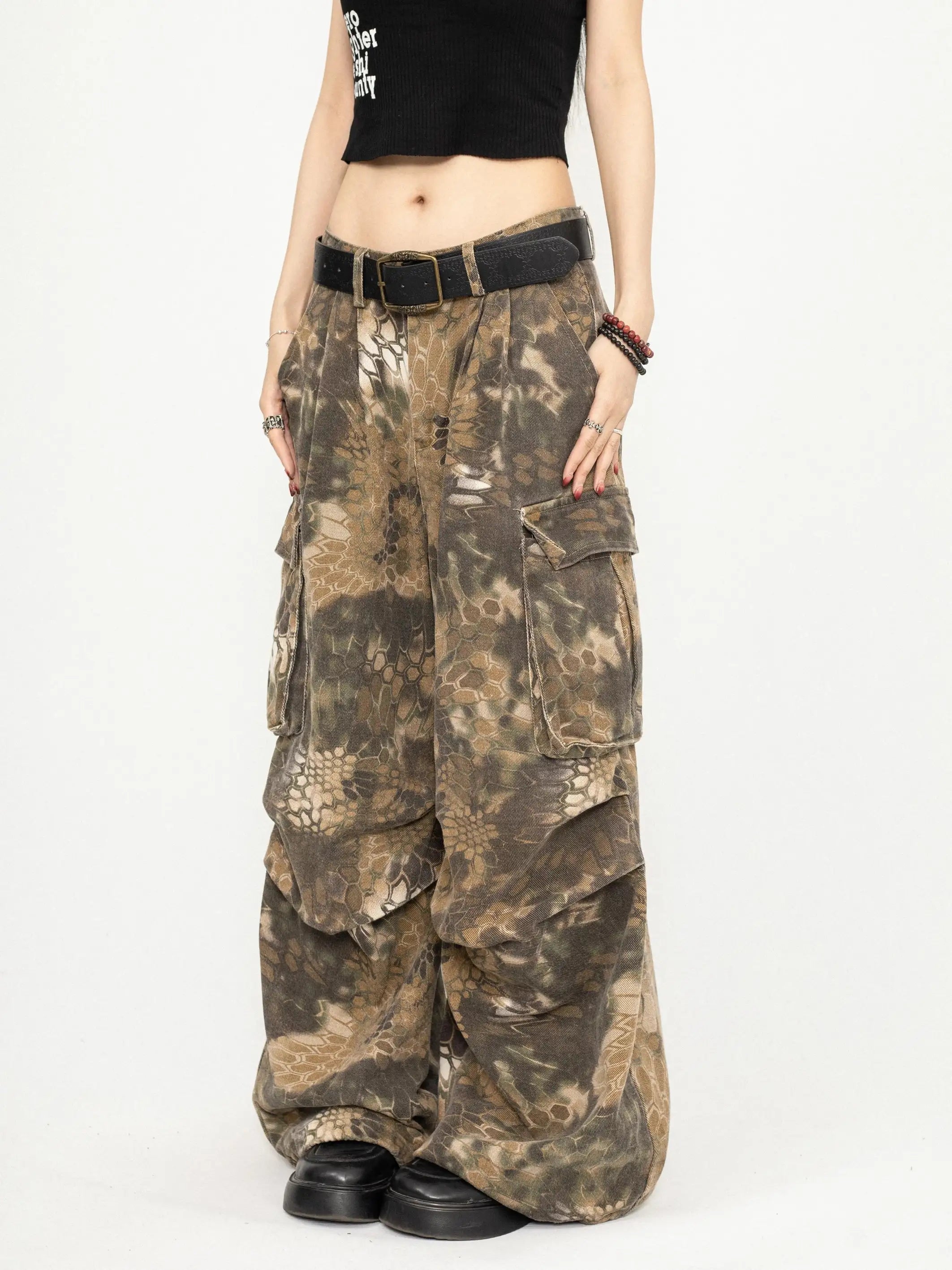 スネークカモ ワイドパンツ カーキ コットン素材
