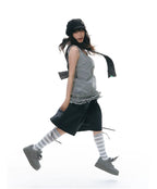 Gray White Striped Slouch Socks OLA026 oliviroa オリヴィオラ
