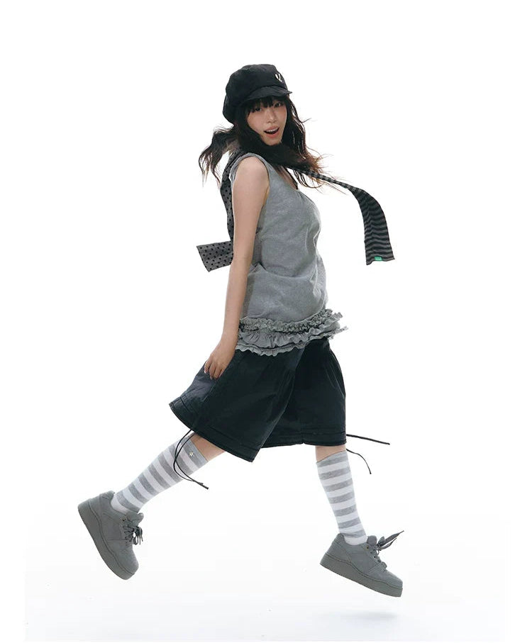 Gray White Striped Slouch Socks OLA026 oliviroa オリヴィオラ