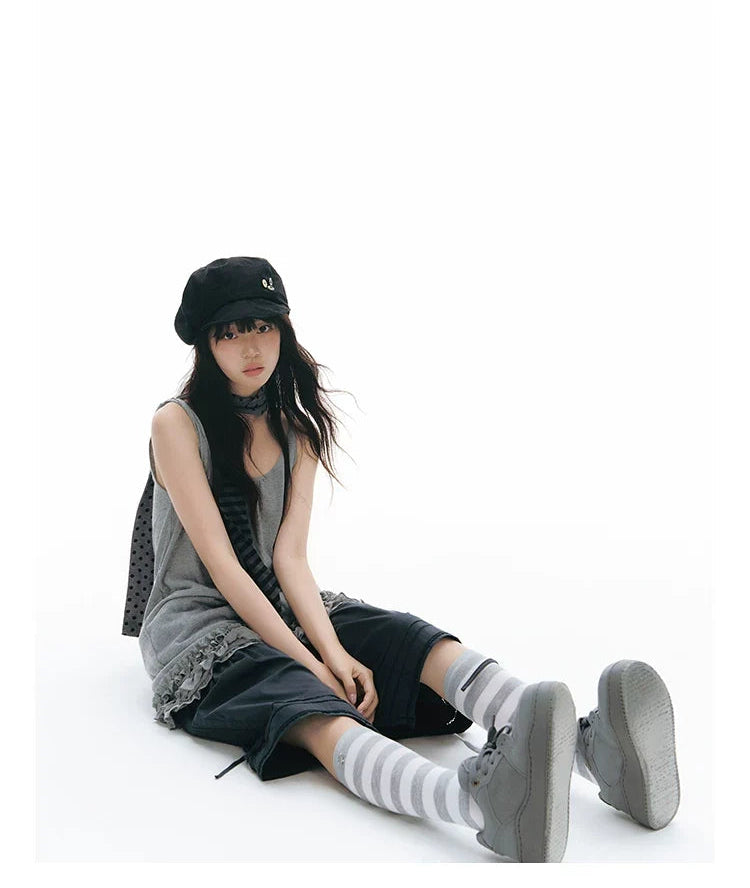 Gray White Striped Slouch Socks OLA026 oliviroa オリヴィオラ
