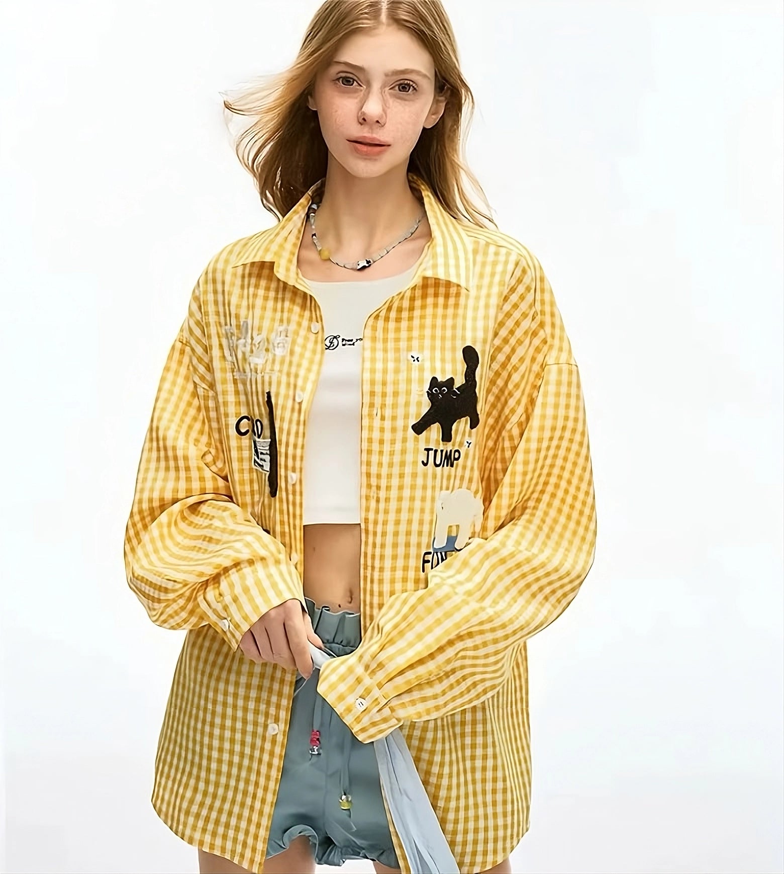 Cute and relaxed cat embroidered check shirt OL1821